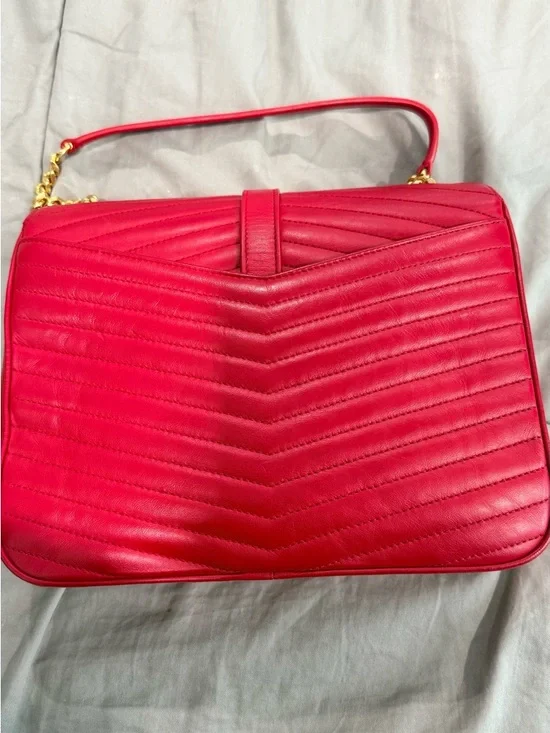 Saint Laurent Red Chevron Quilted Shoulder/Crossbody Bag with Gold YSL - Picture 8 of 11